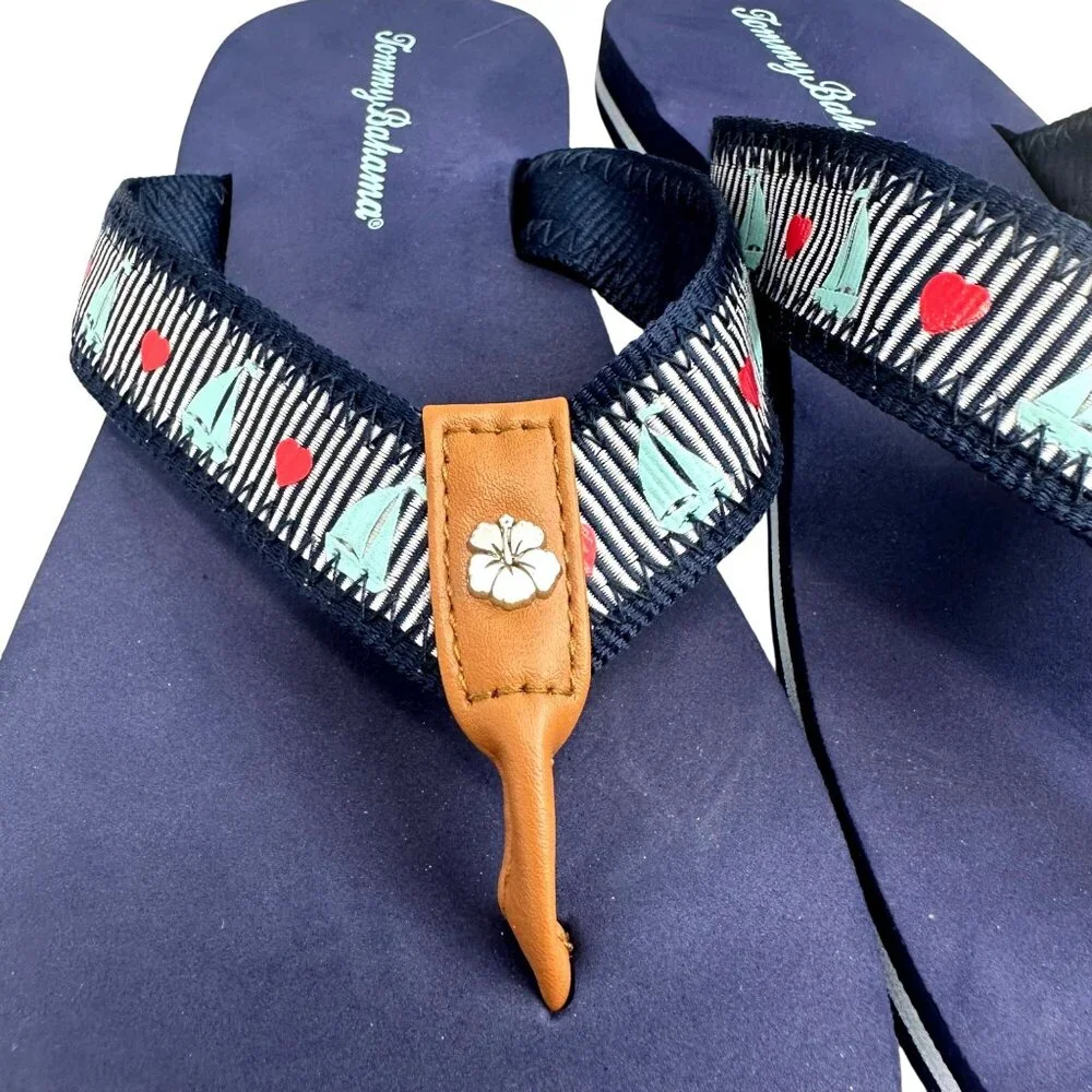 Tommy Bahama Womens Miramar Flip Flops Size 9 US Navy Blue Sailboat & Heart - Picture 2 of 8